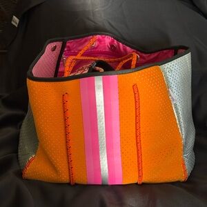 Julia Rose Vibrant Orange and Pink Tote Bag with Silver accents